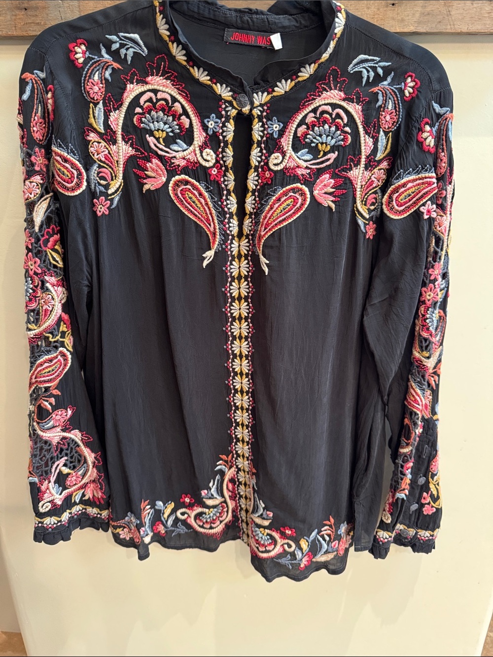 Johnny Was Black Embroidered Blouse with Multicolor Floral Paisley Embroidery